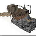 Modern Outdoor Camping Area With Canvas Tent Metal Frame Equipment Barrels On Sandy Rocky Ground