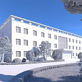 Modern Office Building Exterior With Glass Entrance Lush Trees Lawn Driveway And Parked Car
