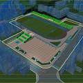 Aerial View Of School Architectural Complex With Stadium And Plaza