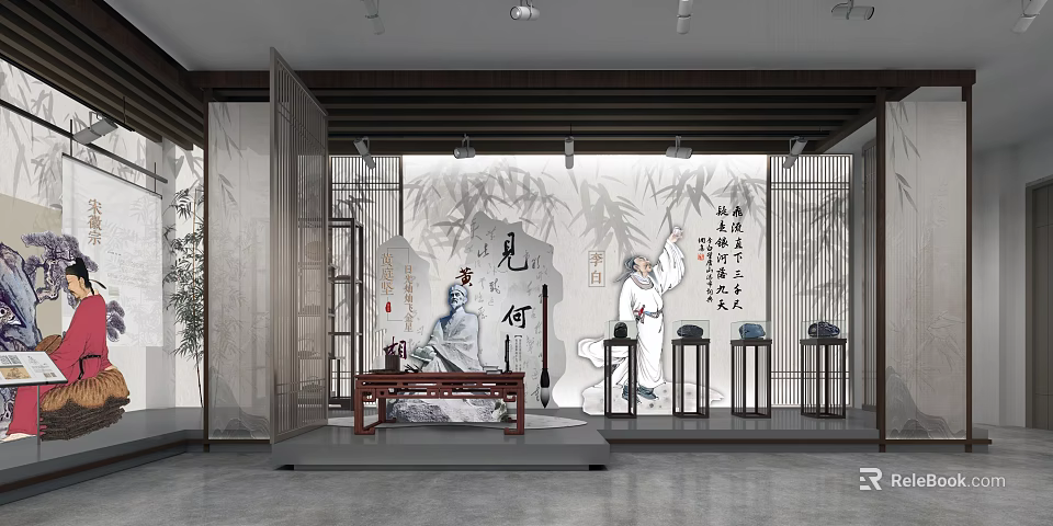 Elegant Traditional Chinese Display Space with Ink Painting Bamboo Calligraphy and Decorative Statues 3d model 