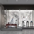 Elegant Traditional Chinese Display Space with Ink Painting Bamboo Calligraphy and Decorative Statues