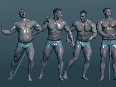Four Muscular Men in Silver Shorts with Various Poses Holding Sticks Against Grey Background 3d model