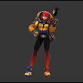 Red Haired Character and Fish Shaped Creature in Vibrant Yellow Blue Outfits Holding Blasters Standing