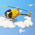 Yellow Helicopter Flying on White Clouds in Blue Sky With Seagulls and Small Airplanes