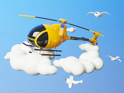 Yellow Helicopter Flying on White Clouds in Blue Sky With Seagulls and Small Airplanes 3d model