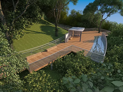 Wooden Scenic Walkway With Railing Rest Area Canopy Natural Trees Green Surroundings 3d model