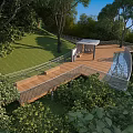 Wooden Scenic Walkway With Railing Rest Area Canopy Natural Trees Green Surroundings