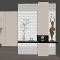 Modern Entryway Console Table With Brick Wall Decorative Sculpture Potted Plant And Marble Top