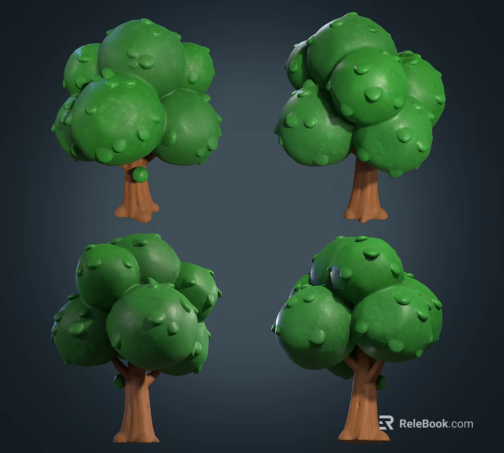 Cartoon Style Arbor Trees With Green Canopies And Brown Trunks In 3D Render 3d model 