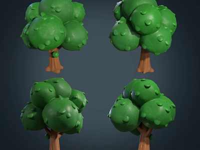 Cartoon Style Arbor Trees With Green Canopies And Brown Trunks In 3D Render 3d model