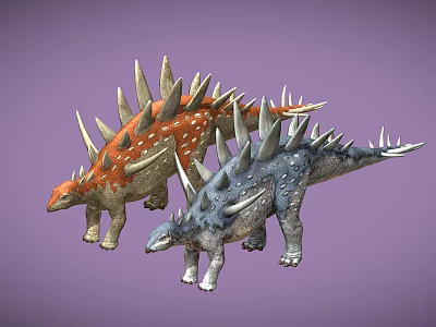 Two Colorful Stegosaurus Dinosaurs With Spikes On Back And Purple Background 3d model