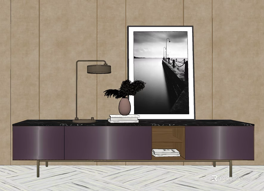 Modern Purple TV Cabinet With Black Top Table Lamp Feather Plant And Landscape Painting 3d model 