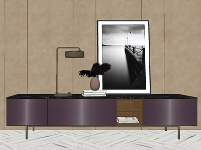 Modern Purple TV Cabinet With Black Top Table Lamp Feather Plant And Landscape Painting 3d model