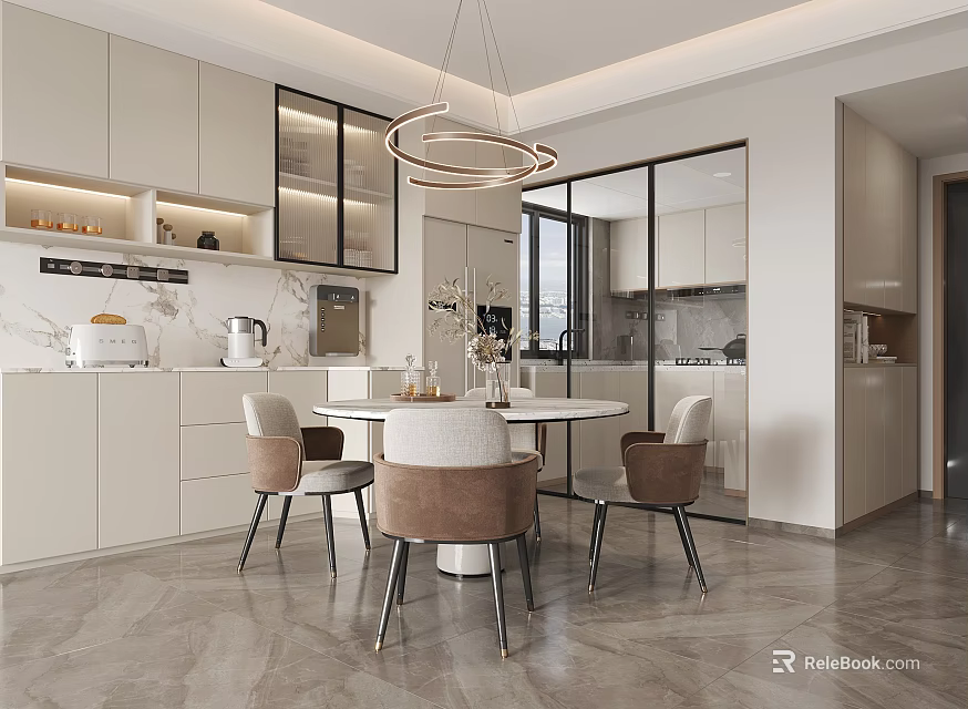 Modern Restaurant Interior With Round Dining Table Chairs Pendant Lights And Light Colored Cabinets 3d model