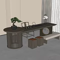 Modern Chinese Style Tea Table Set With Stools Bench And Decorative Plants 3d model