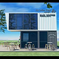 Container Cafe With Outdoor Wooden Deck Seating Umbrella And Green Plants On Lawn