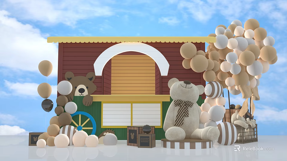 Cute Teddy Bear With Small Wooden Cabin Balloons And Gift Boxes 3d model 