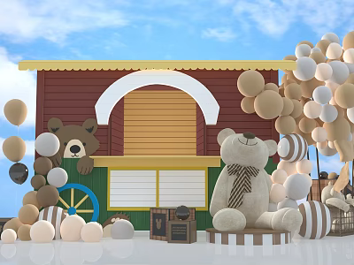 Cute Teddy Bear With Small Wooden Cabin Balloons And Gift Boxes 3d model