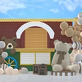 Cute Teddy Bear With Small Wooden Cabin Balloons And Gift Boxes