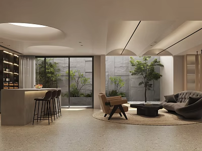 Modern Basement Interior With Sofa Greenery Bar And Large Windows 3d model