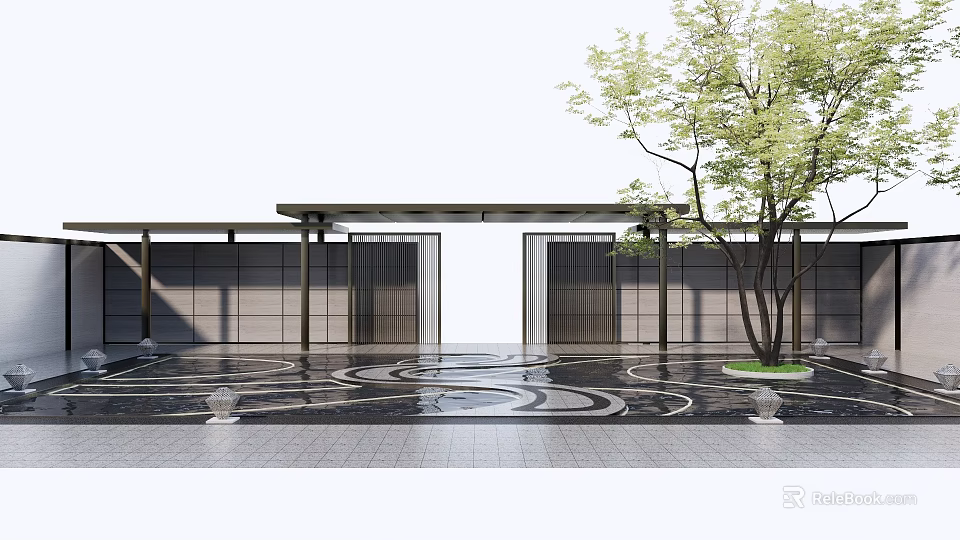 Garden Landscape Design With Geometric Pavement Dark Gates Pergola And Tree 3d model 