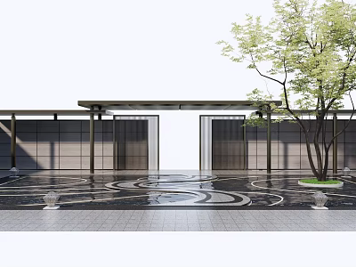 Garden Landscape Design With Geometric Pavement Dark Gates Pergola And Tree 3d model