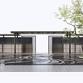 Garden Landscape Design With Geometric Pavement Dark Gates Pergola And Tree