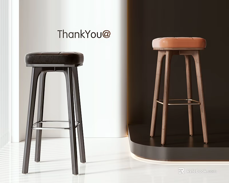Modern Bar Stools With Black And Brown Leather Seats And Wooden Legs 3d model 