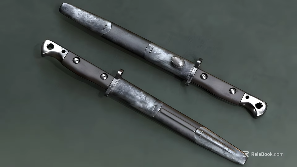 Vintage Military Knives With Sheaths Metal Blades And Wooden Handles 3d model 