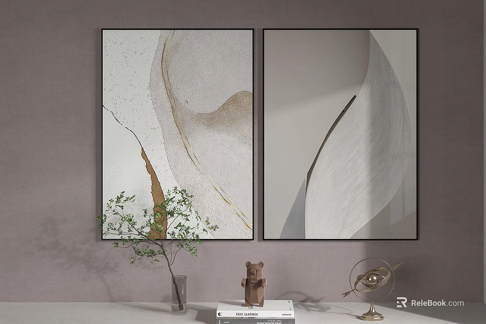 Abstract Wall Art With Potted Plant Bear Figurine Books And Metal Decor 3d model 