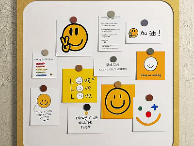 White Bulletin Board With Colorful Sticky Notes Smiley Faces And Positive Messages 3d model