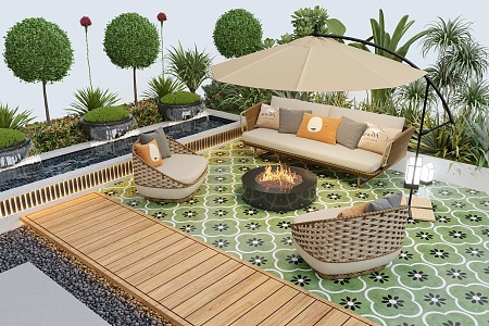 Courtyard landscape outdoor sofa flower pool landscape plants outdoor lighting 3d model