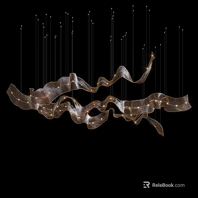Modern Flowing Metal Chandelier With Curved Ribbon Design And Integrated Lights 3d model 
