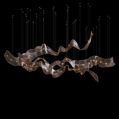 Modern Flowing Metal Chandelier With Curved Ribbon Design And Integrated Lights 3d model