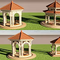 Traditional Pavilion Designs With Red Roof White Columns Circular Base On Grass And Water Surface