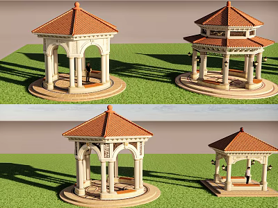 Traditional Pavilion Designs With Red Roof White Columns Circular Base On Grass And Water Surface 3d model