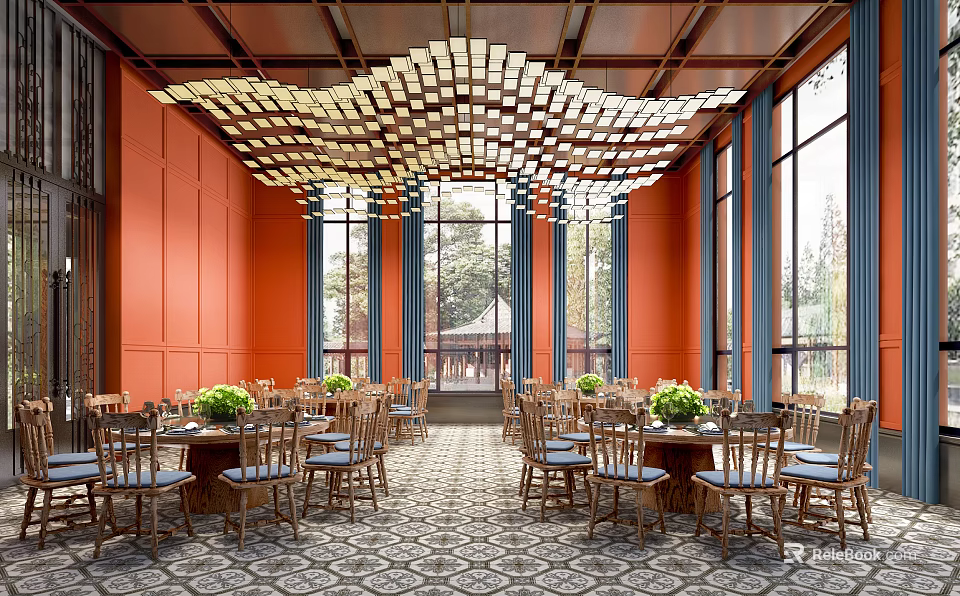 Elegant Restaurant with Orange Walls Large Windows Blue Curtains Wavy Pendant Lights and Patterned Carpet 3d model 