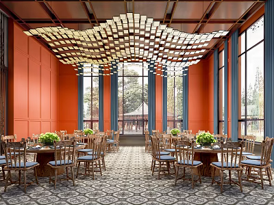 Elegant Restaurant with Orange Walls Large Windows Blue Curtains Wavy Pendant Lights and Patterned Carpet 3d model
