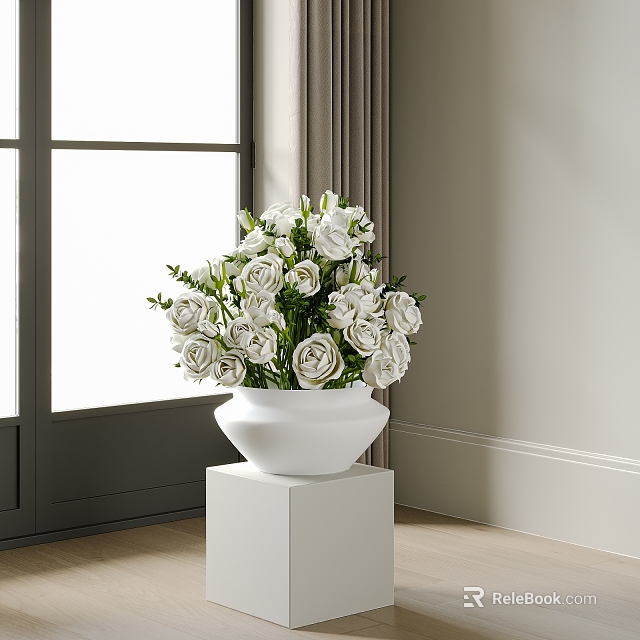 White Vase with White Roses on White Cube Base in Modern Room with Window Curtain 3d model 