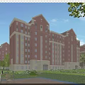 Red Brick Apartment Building With Greenery And Outdoor Leisure Space For Residents