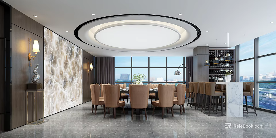 Elegant Private Dining Room Interior With Round Table Chairs Marble Wall And Large Windows 3d model