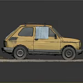 Old Yellow Small Car with Roof Rack Blue Cloth on Window Displayed on Platform