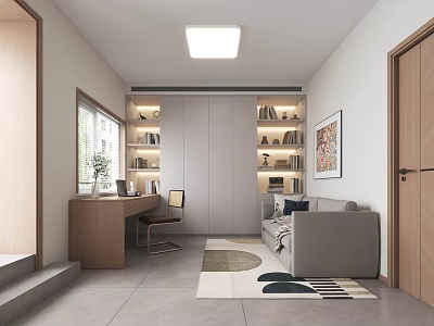Modern Study Room Interior With Wooden Desk Built in Bookshelves Cozy Sofa and Area Rug 3d model