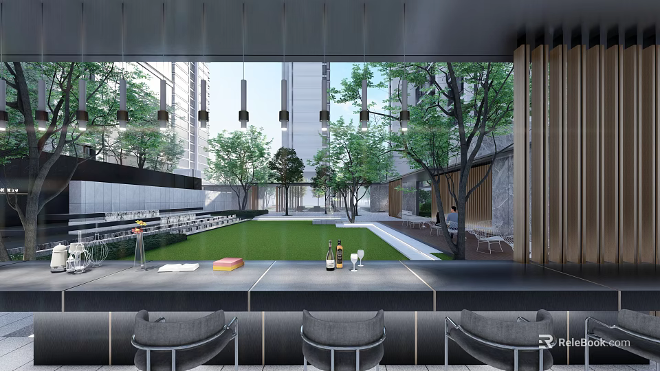 Modern Outdoor Pergola With Hanging Lights Green Lawn And Seating Area 3d model 