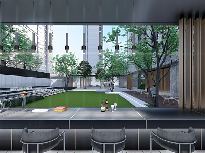 Modern Outdoor Pergola With Hanging Lights Green Lawn And Seating Area 3d model