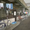 Traditional Storefront with Iron Barred Gate Red Signboard Bicycles Bench and Market Stalls