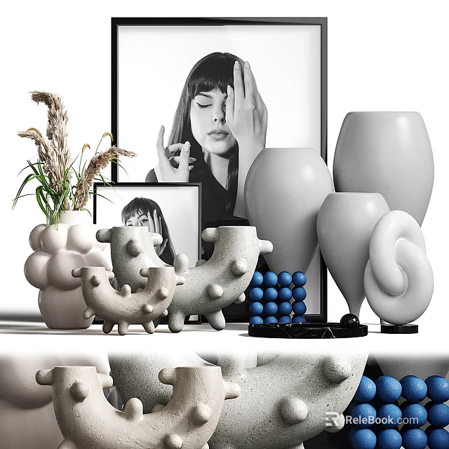Modern Minimalist Decorative Ornament Set With Textured Vases Animal Figurines Blue Beads And Dried Plants 3d model 