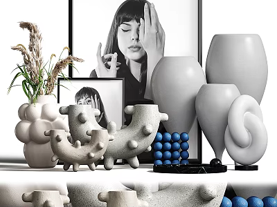 Modern Minimalist Decorative Ornament Set With Textured Vases Animal Figurines Blue Beads And Dried Plants 3d model