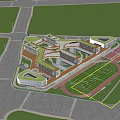 Modern School Building Design with Unique Layout Green Roofs and Track Field Surrounded by Trees
