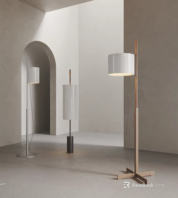Three Modern Floor Lamps With Different Designs In Contemporary Minimalist Interior 3d model 